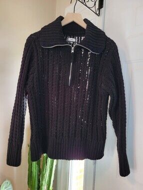 Aerie Cable Car Quarter Zip Black Chunky Knit Sweater, Size Small